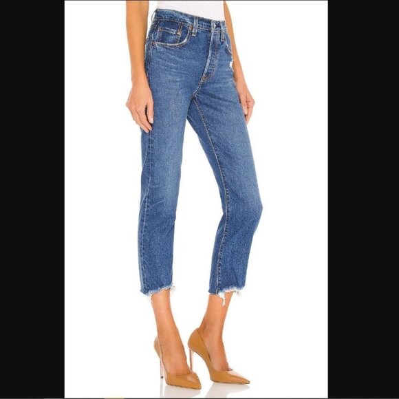 Levi's 501 Classic Jeans Crop Raw Hem Distressed Charleston Fun Blue Size 26 - Picture 1 of 10